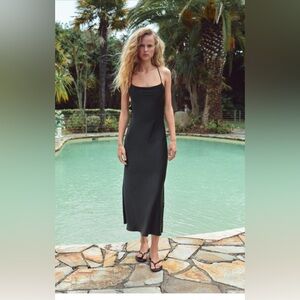 ZARA SATIN EFFECT DRAPED MIDI DRESS BLACK